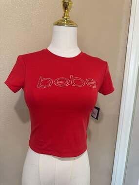 Bebe Red Rhinestone Logo Short Sleeve Crop Top Size S
